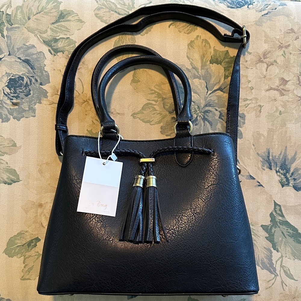 Le Bag Chic Black Tassel Satchel Purse Bag NWT